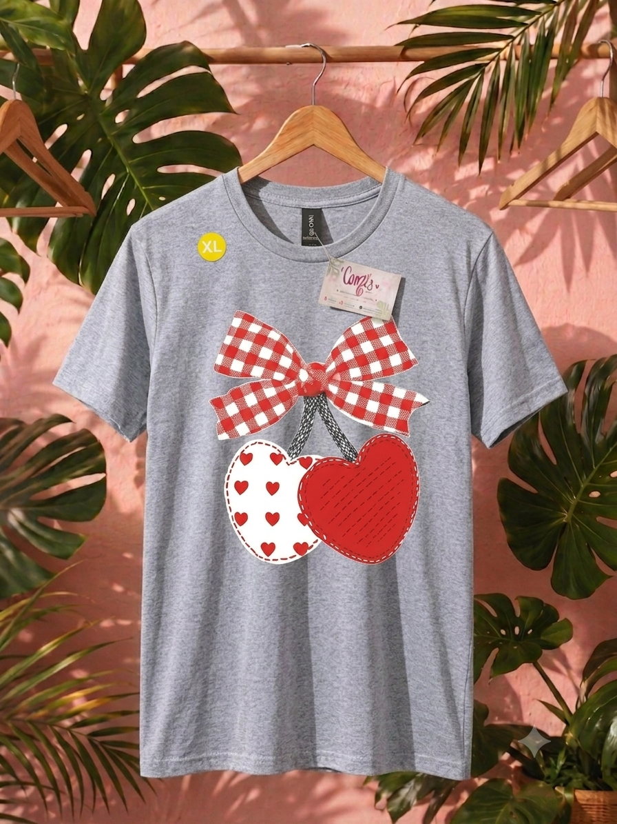 Gingham Bow Heart-Cherry Graphic Tee