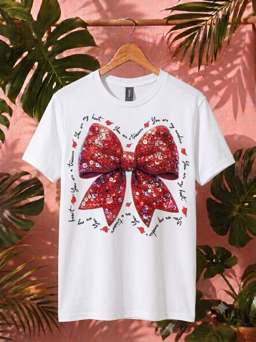 Faux Sequin Red Bow Graphic Tee - Coquette Aesthetic Parents & Besties T-Shirt