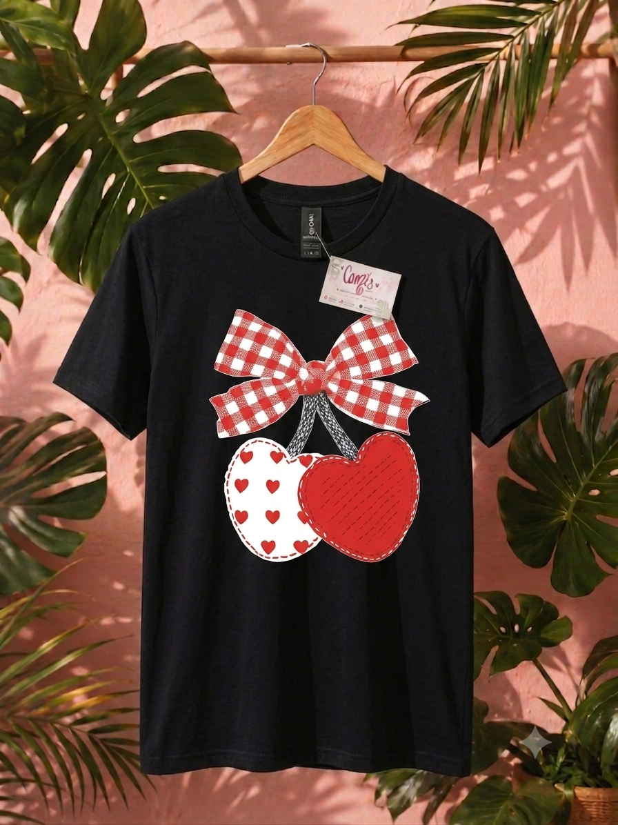 Gingham Bow Heart-Cherry Graphic Tee