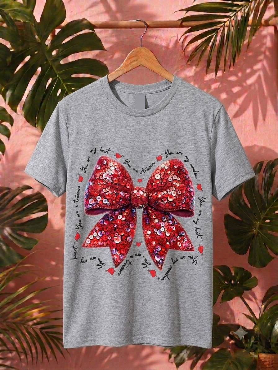 Faux Sequin Red Bow Graphic Tee - Coquette Aesthetic Parents & Besties T-Shirt